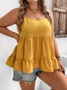 SHEIN VCAY 大碼荷葉邊吊帶上衣 - 芥末黃 - 查看 5