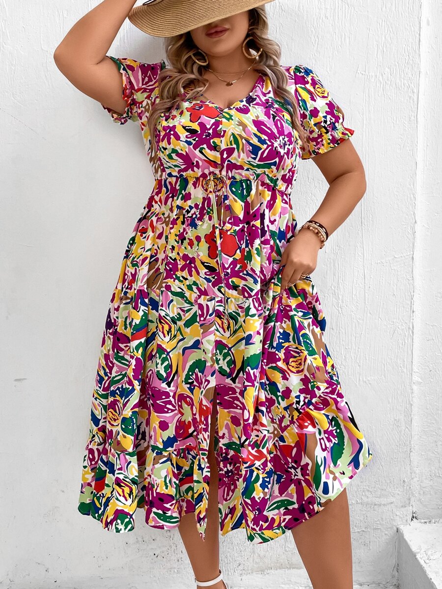 SHEIN VCAY 大碼滿版印花泡泡袖高衩腰部抽繩連衣裙 - 彩色 - 查看 1