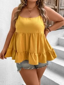 SHEIN VCAY 大碼荷葉邊吊帶上衣 - 芥末黃 - 查看 6