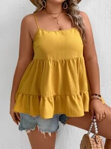 SHEIN VCAY 大碼荷葉邊吊帶上衣 - 芥末黃 - 查看 7