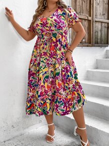 SHEIN VCAY 大碼滿版印花泡泡袖高衩腰部抽繩連衣裙 - 彩色 - 查看 4