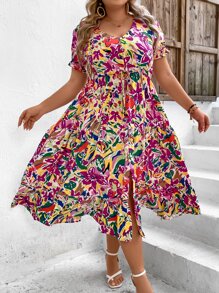 SHEIN VCAY 大碼滿版印花泡泡袖高衩腰部抽繩連衣裙 - 彩色 - 查看 6