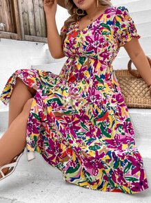 SHEIN VCAY 大碼滿版印花泡泡袖高衩腰部抽繩連衣裙 - 彩色 - 查看 7