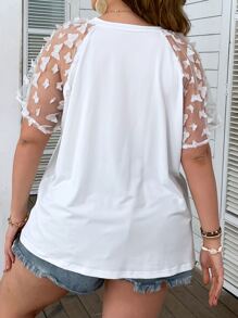 SHEIN LUNE 大碼愛心圖案網紗拼接插肩袖T恤 - 白色 - 查看 2