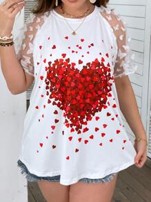 SHEIN LUNE 大碼愛心圖案網紗拼接插肩袖T恤 - 白色 - 查看 3