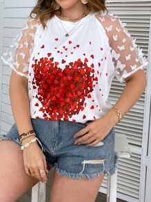 SHEIN LUNE 大碼愛心圖案網紗拼接插肩袖T恤 - 白色 - 查看 4