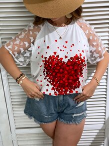 SHEIN LUNE 大碼愛心圖案網紗拼接插肩袖T恤 - 白色 - 查看 6