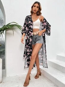 Swim Vcay Floral Print Split Hem Belted Kimono - Black - View 5