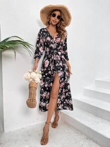 Swim Vcay Floral Print Split Hem Belted Kimono - Black - View 6
