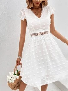 Breezaya Swiss Dot Contrast Lace Butterfly Sleeve Dress - White - View 6