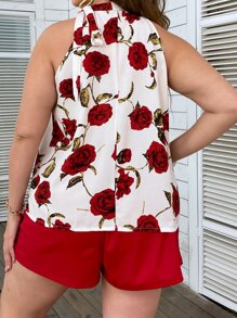 SHEIN Clasi Plus Floral Print Knot Halter Top & Fake Button Shorts - Red - View 3