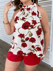 SHEIN Clasi Plus Floral Print Knot Halter Top & Fake Button Shorts - Red - View 4