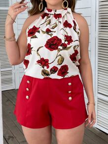 SHEIN Clasi Plus Floral Print Knot Halter Top & Fake Button Shorts - Red - View 6
