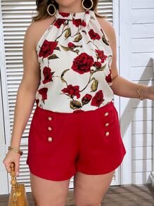 SHEIN Clasi Plus Floral Print Knot Halter Top & Fake Button Shorts - Red - View 7