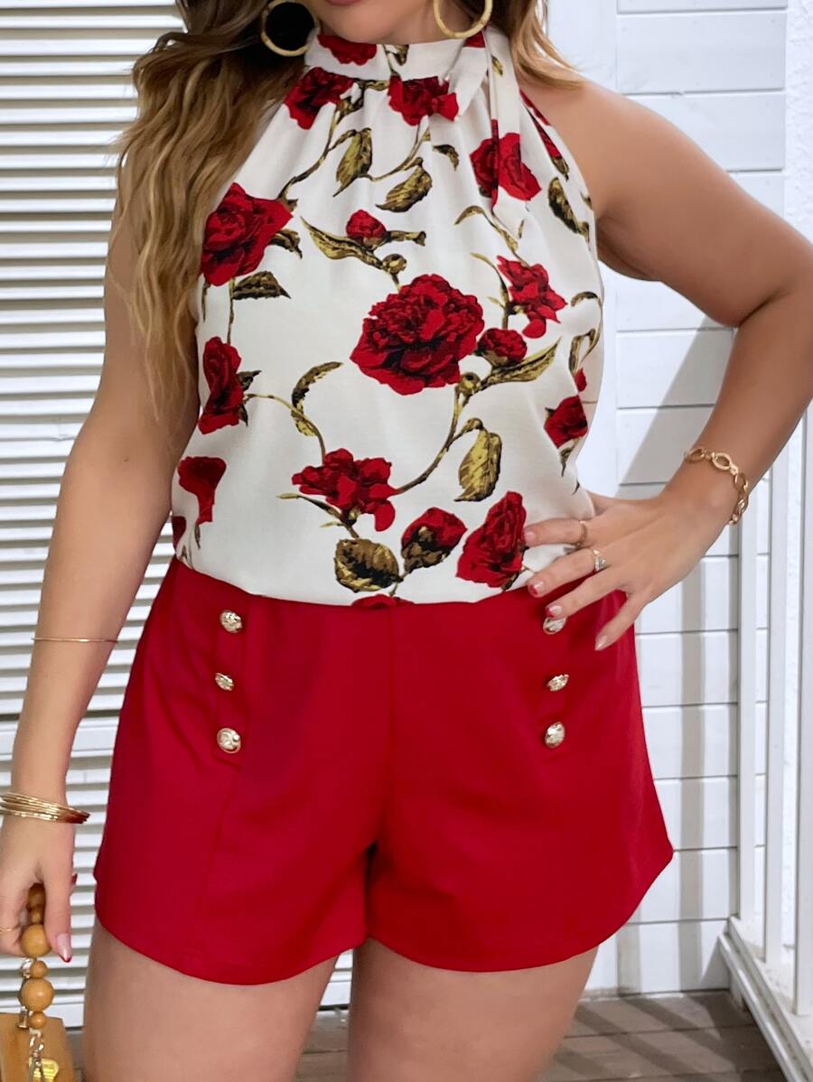 SHEIN Clasi Plus Floral Print Knot Halter Top & Fake Button Shorts - Red - View 1