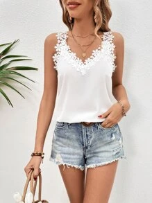 SHEIN Clasi Guipure Lace Panel Tank Top - White - View 3