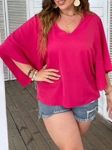 Celure Plus Solid Split Sleeve V Neck Blouse - Hot Pink - View 1
