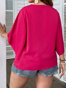 Celure Plus Solid Split Sleeve V Neck Blouse - Hot Pink - View 2