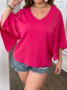 Celure Plus Solid Split Sleeve V Neck Blouse - Hot Pink - View 4