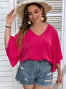 Celure Plus Solid Split Sleeve V Neck Blouse - Hot Pink - View 5