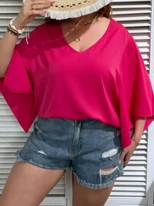 Celure Plus Solid Split Sleeve V Neck Blouse - Hot Pink - View 7