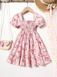 Toddler Girls Floral Print Puff Sleeve Ruffle Hem Dress - Pink - View 1