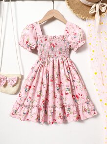 Toddler Girls Floral Print Puff Sleeve Ruffle Hem Dress - Pink - View 2