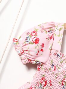 Toddler Girls Floral Print Puff Sleeve Ruffle Hem Dress - Pink - View 4