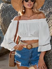 SHEIN VCAY Áo sơ mi Off Shoulder Lá sen tỉa tay áo lá sen Mùa vụ bờ biển - trắng - Xem 3