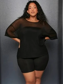 SHEIN CURVE+ Plus Drop Shoulder Mesh Top With Tube Top & Cycling Shorts - Black - View 2