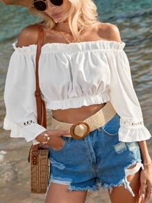 SHEIN VCAY Áo sơ mi Off Shoulder Lá sen tỉa tay áo lá sen Mùa vụ bờ biển - trắng - Xem 5