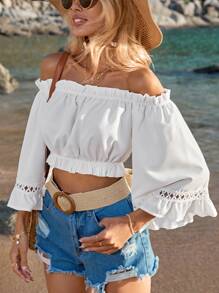 SHEIN VCAY Áo sơ mi Off Shoulder Lá sen tỉa tay áo lá sen Mùa vụ bờ biển - trắng - Xem 6