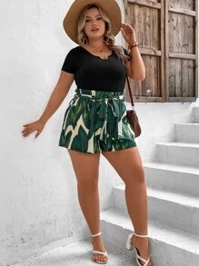 SHEIN VCAY Plus Tropical Print Notched Neckline Paperbag Waist Belted Romper - Multicolor - View 5