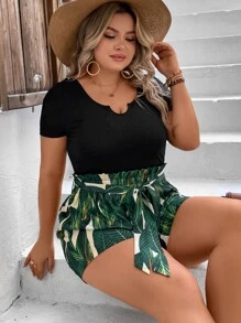 SHEIN VCAY Plus Tropical Print Notched Neckline Paperbag Waist Belted Romper - Multicolor - View 8