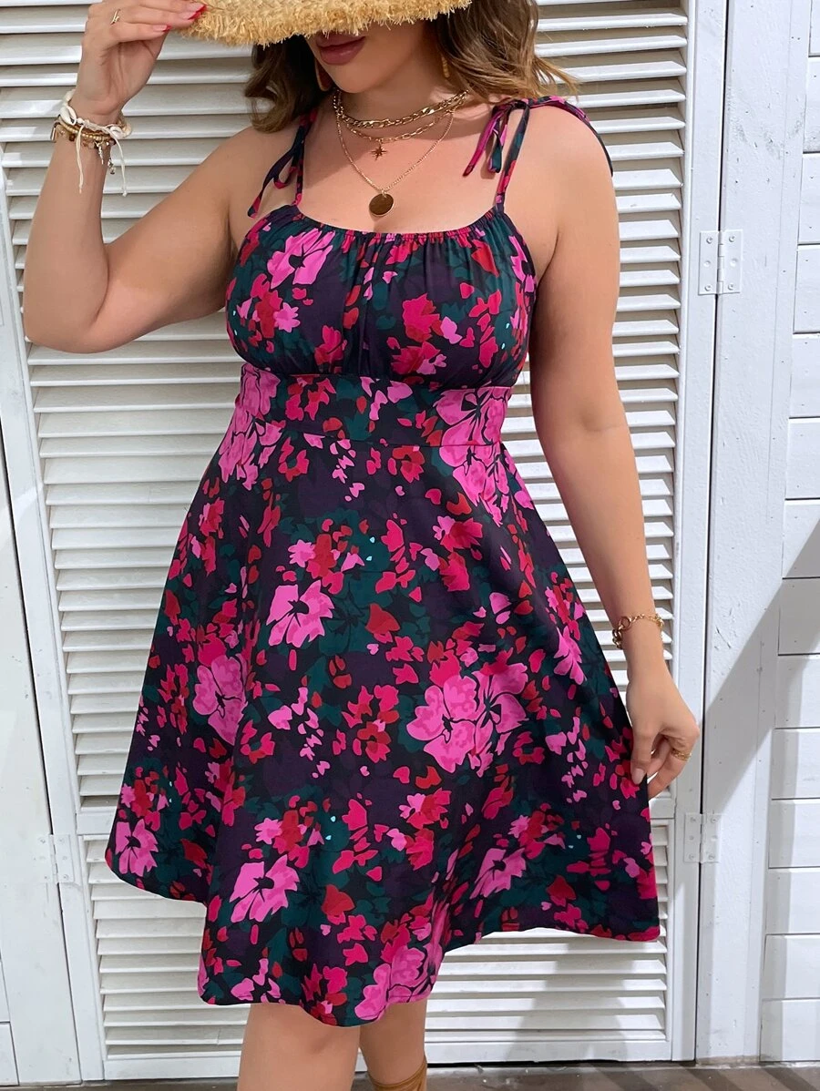 Breezaya Plus Floral Print Tie Shoulder Ruched Bust Cami Dress - Multicolor - View 1