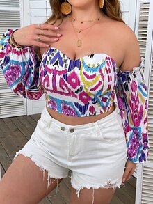 SHEIN Clasi Plus Allover Print Off Shoulder Lantern Sleeve Crop Blouse - Multicolor - View 3