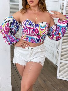SHEIN Clasi Plus Allover Print Off Shoulder Lantern Sleeve Crop Blouse - Multicolor - View 4