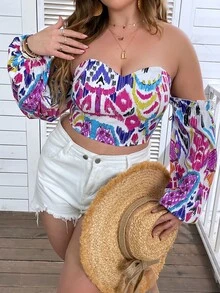 SHEIN Clasi Plus Allover Print Off Shoulder Lantern Sleeve Crop Blouse - Multicolor - View 5