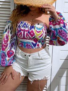 SHEIN Clasi Plus Allover Print Off Shoulder Lantern Sleeve Crop Blouse - Multicolor - View 6