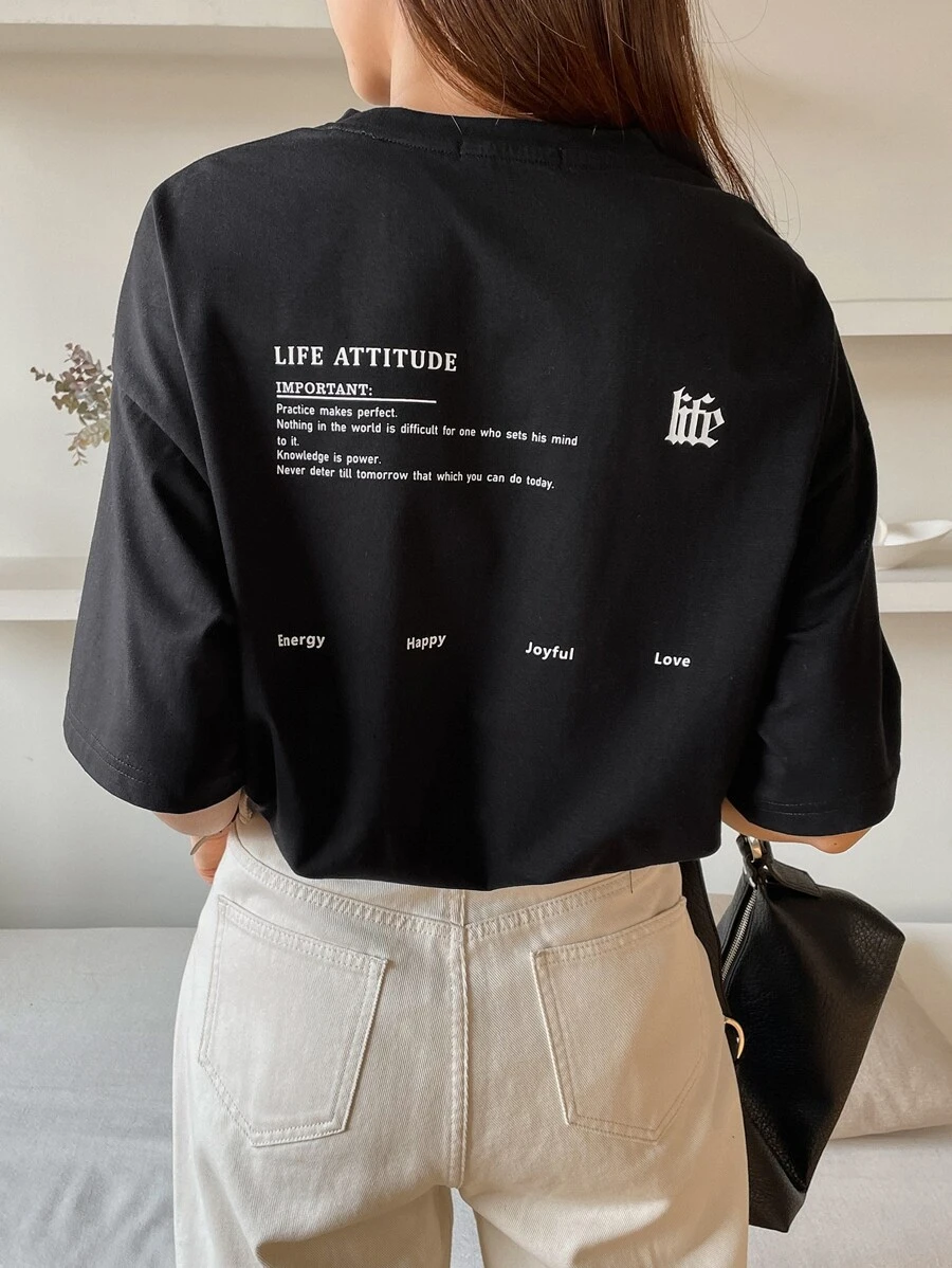 DAZY Khẩu hiệu Áo thun hở vai họa tiết THÁI ĐỘ CUỘC SỐNG QUAN TRỌNG Luyện tập tạo nên sự hoàn hảo Không có gì trên đời là khó đối với người quyết tâm Kiến thức là sức mạnh Đừng bao giờ chần chừ cho đến ngày mai Những gì bạn có thể làm hôm nay Áo phông cỡ lớn, Quần áo trở lại trường - màu đen - Xem 1