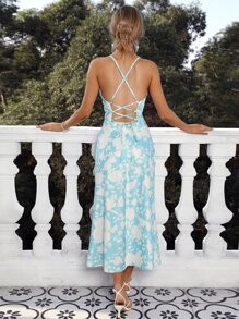 SHEIN Essnce Floral Print Lace Up Backless Cami Dress - Blue - View 6
