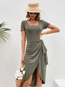 SHEIN VCAY Solid Tie Side Wrap Hem Dress - Army Green - View 3