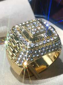 1 件时尚方晶锆石戒指，适合情人节礼物、婚礼订婚周年派对珠宝 - 金黃色 - 查看 2