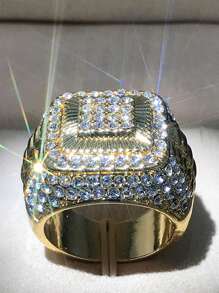 1 件时尚方晶锆石戒指，适合情人节礼物、婚礼订婚周年派对珠宝 - 金黃色 - 查看 3