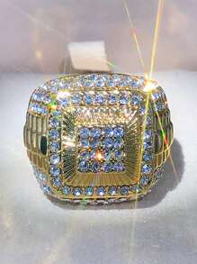 1 件时尚方晶锆石戒指，适合情人节礼物、婚礼订婚周年派对珠宝 - 金黃色 - 查看 5