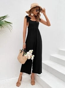 SHEIN VCAY Tie Shoulder Wide Leg Jumpsuit - Black - View 3