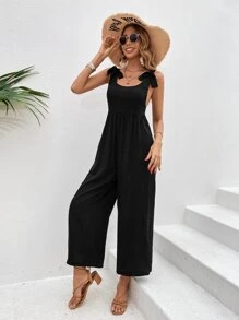 SHEIN VCAY Tie Shoulder Wide Leg Jumpsuit - Black - View 1