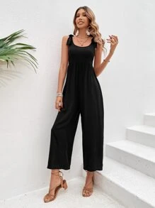 SHEIN VCAY Tie Shoulder Wide Leg Jumpsuit - Black - View 4