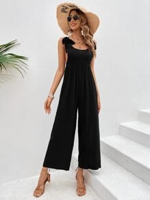 SHEIN VCAY Tie Shoulder Wide Leg Jumpsuit - Black - View 5