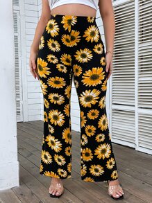 SHEIN Holidaya Plus Sunflower Print Flare Leg Trousers - Multicolor - View 1